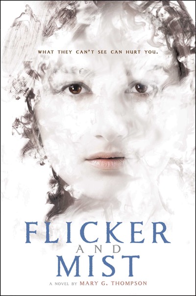 Flicker and Mist book cover image. Girl enveloped in mist.